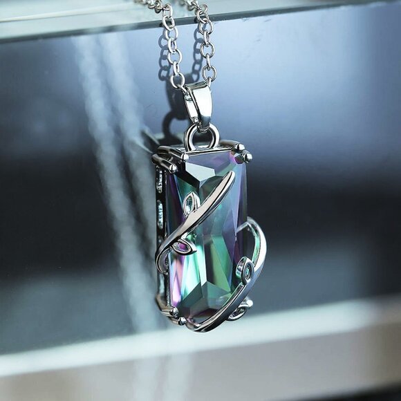 💝 Rectangle Cubic Zircon Leaf Vines Twining Delicate Colorful Necklace,EVGG1008 - Picture 1 of 3